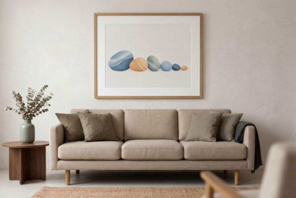 Sofá contemporáneo bajo una lámina de inspiración de mediados de siglo en la pared
