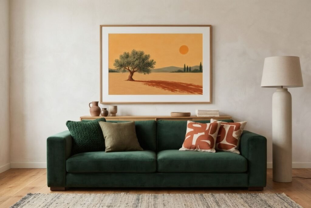Bottle-green velvet sofa with a terracotta print above and cushions mixing green and terracotta