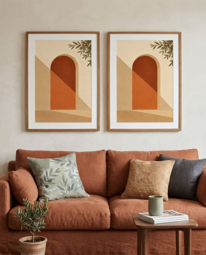Terracotta sofa with a sage-green print hanging above it