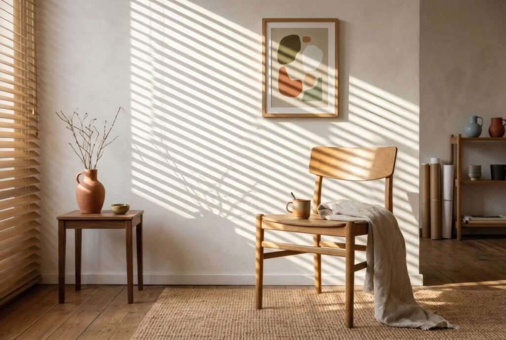 Sol bajo de la tarde filtrado por una persiana que dibuja rayas diagonales sobre una pared blanca y una silla de madera