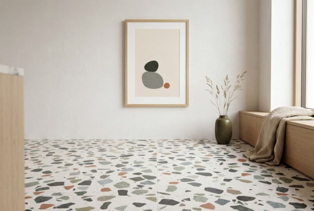 Suelo de terrazo contemporáneo de fragmento grande y colores, con una lámina monocroma en pared blanca