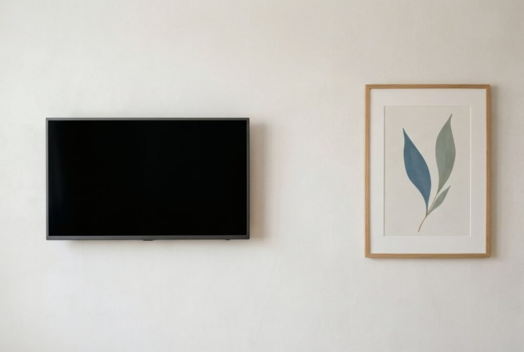 Televisor a la izquierda de la pared equilibrado con una lámina vertical a la derecha y espacio entre ambos