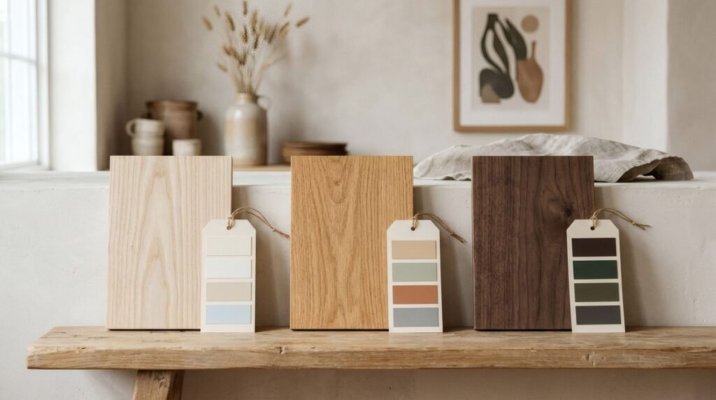 Tres muestras de madera, fresno claro, roble medio y nogal oscuro, cada una con su paleta de colores de pintura