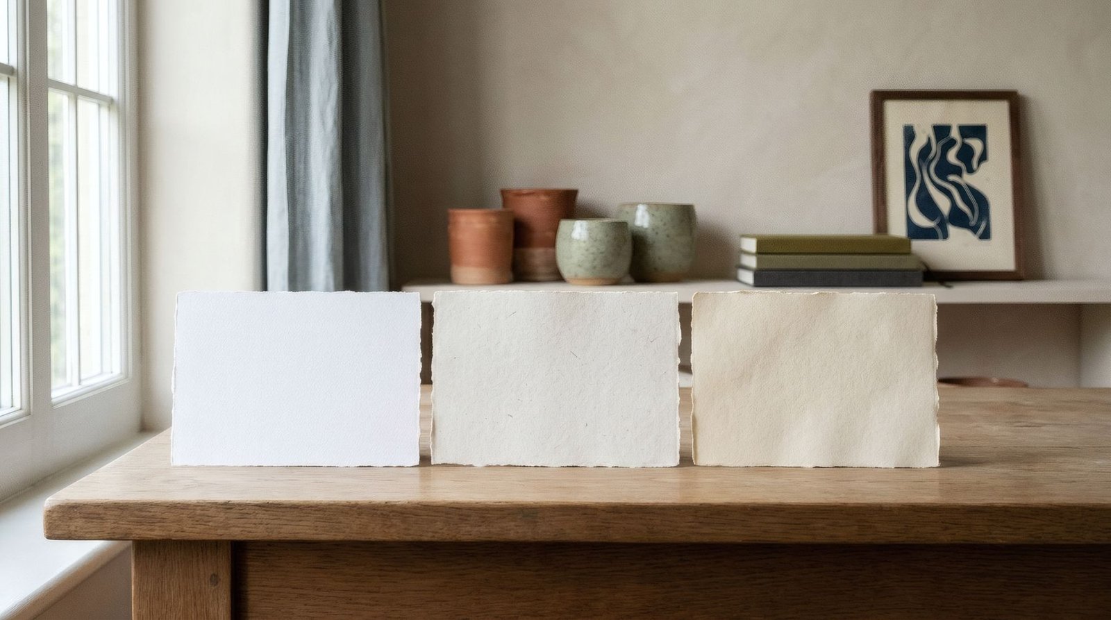 Tres muestras de papel, blanco intenso, blanco natural y marfil, lado a lado bajo la misma luz