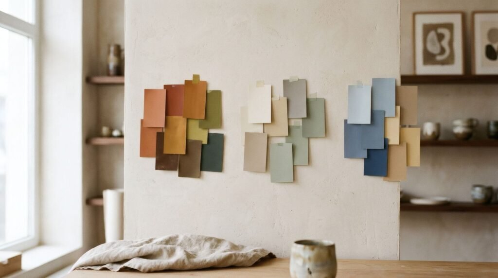 Tres pequeñas paletas de cartas de pintura: tonos tierra, neutros con salvia, y azules con arena