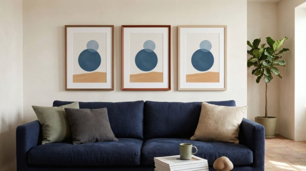 The same navy sofa three times with different prints: blues, ochre and fine sand lines