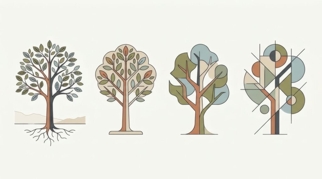 Un árbol dibujado en cuatro pasos: realista, estilizado, semiabstracto y abstracto