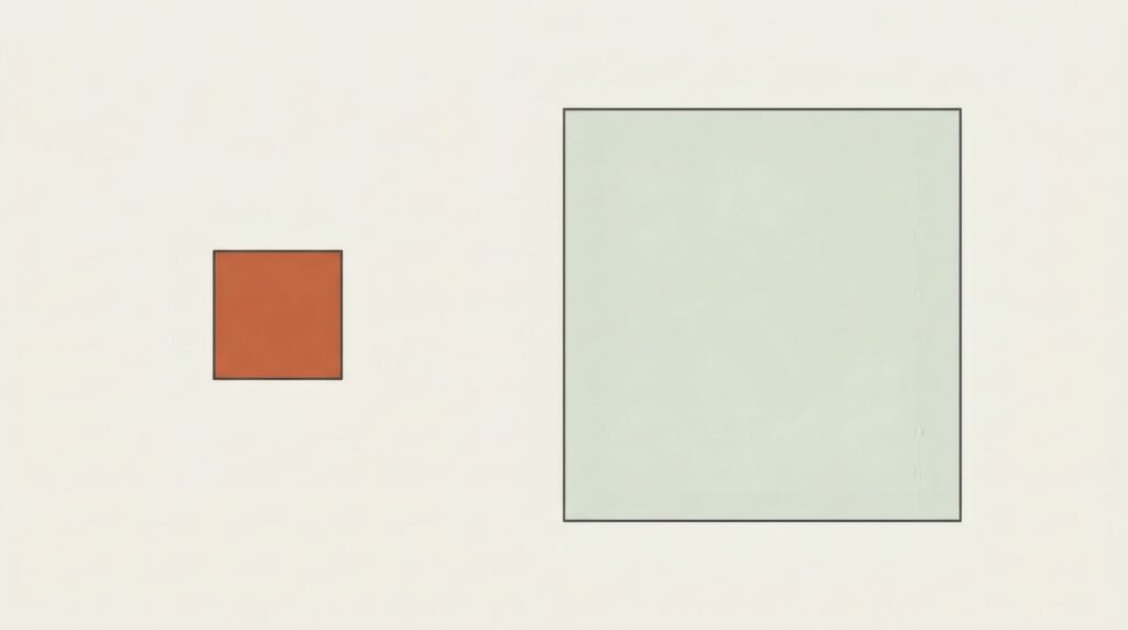 Un cuadrado pequeño de color intenso junto a un cuadrado grande de tono pálido, para comparar peso visual