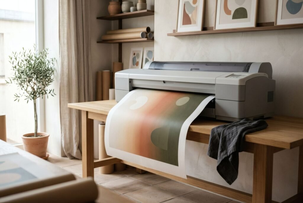 Una lámina con degradado suave de color saliendo de una impresora de inyección de tinta de gran formato en un estudio pequeño