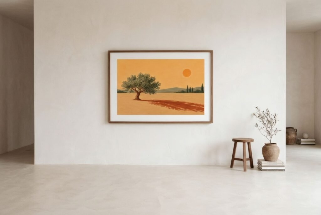 Una lámina con una pequeña forma sobre un fondo claro muy ancho, colgada sola en una pared despejada