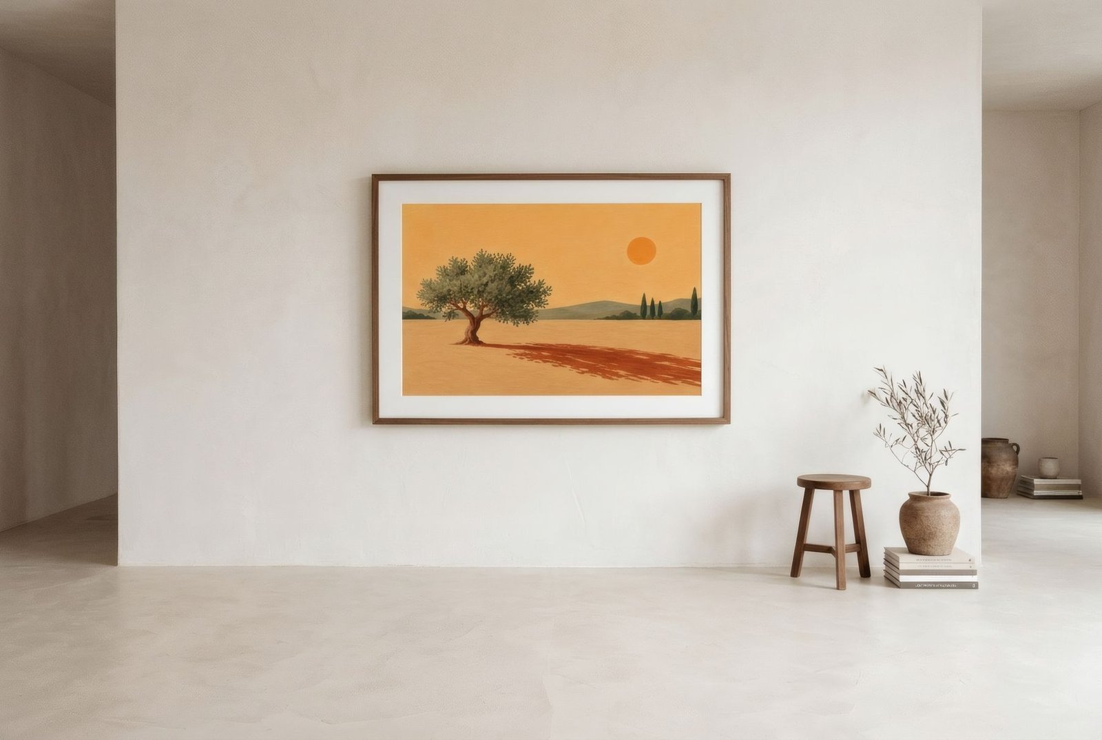 Una lámina con una pequeña forma sobre un fondo claro muy ancho, colgada sola en una pared despejada
