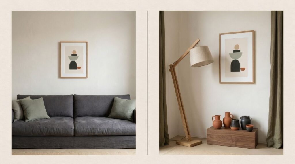 A small print centred timidly above a long sofa, beside the same print offset next to a floor lamp