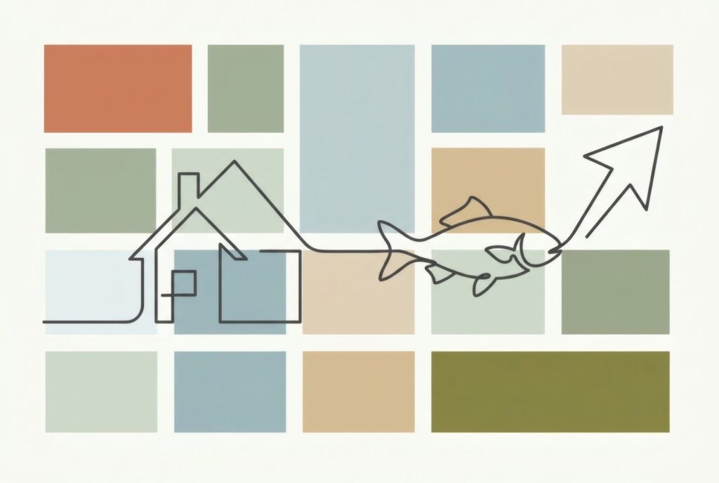 Una línea continua forma una casa, un pez y una flecha sobre rectángulos de colores suaves