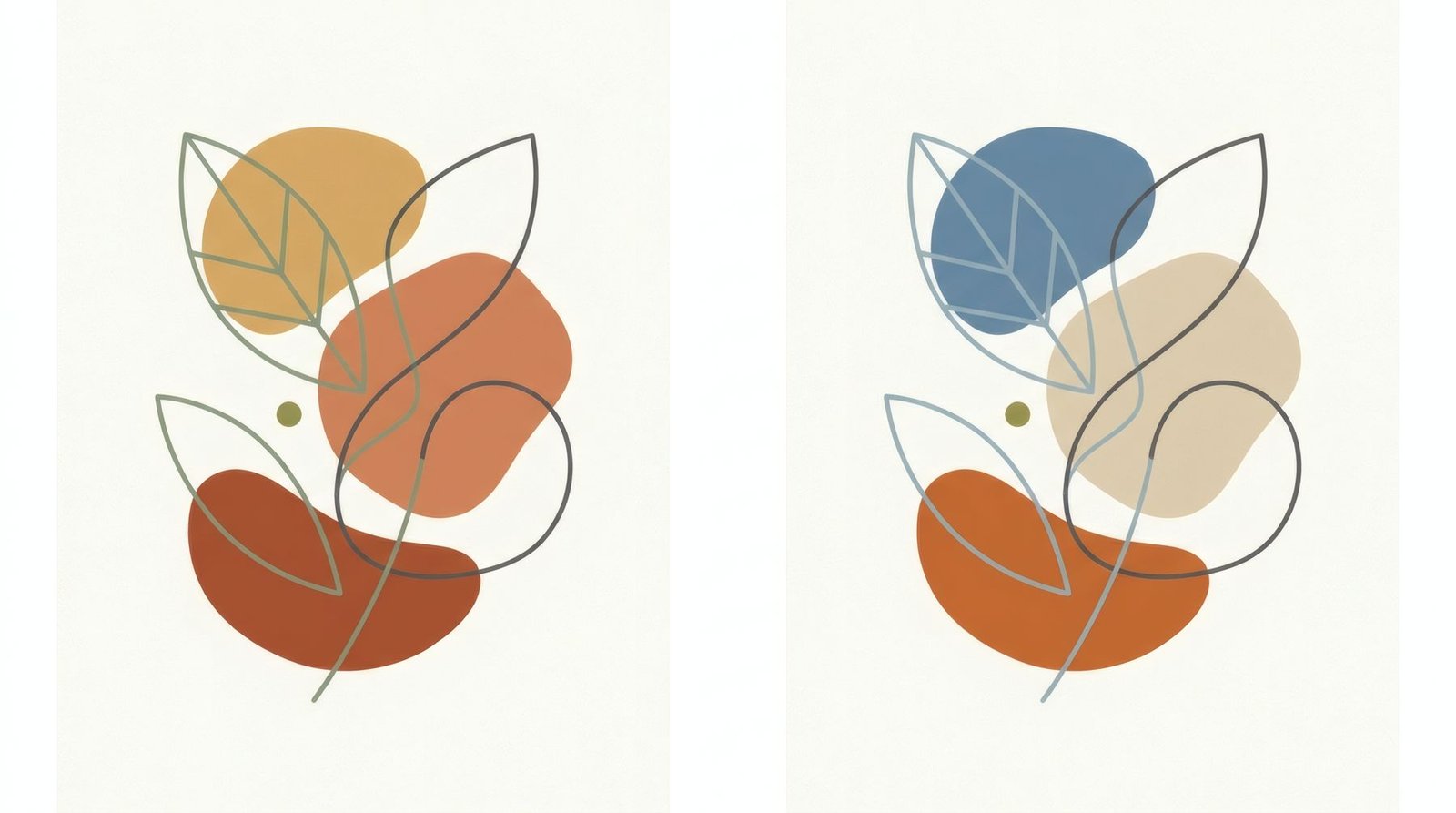 Una misma composición abstracta en colores análogos ocre, terracota y óxido y en azul y naranja complementarios