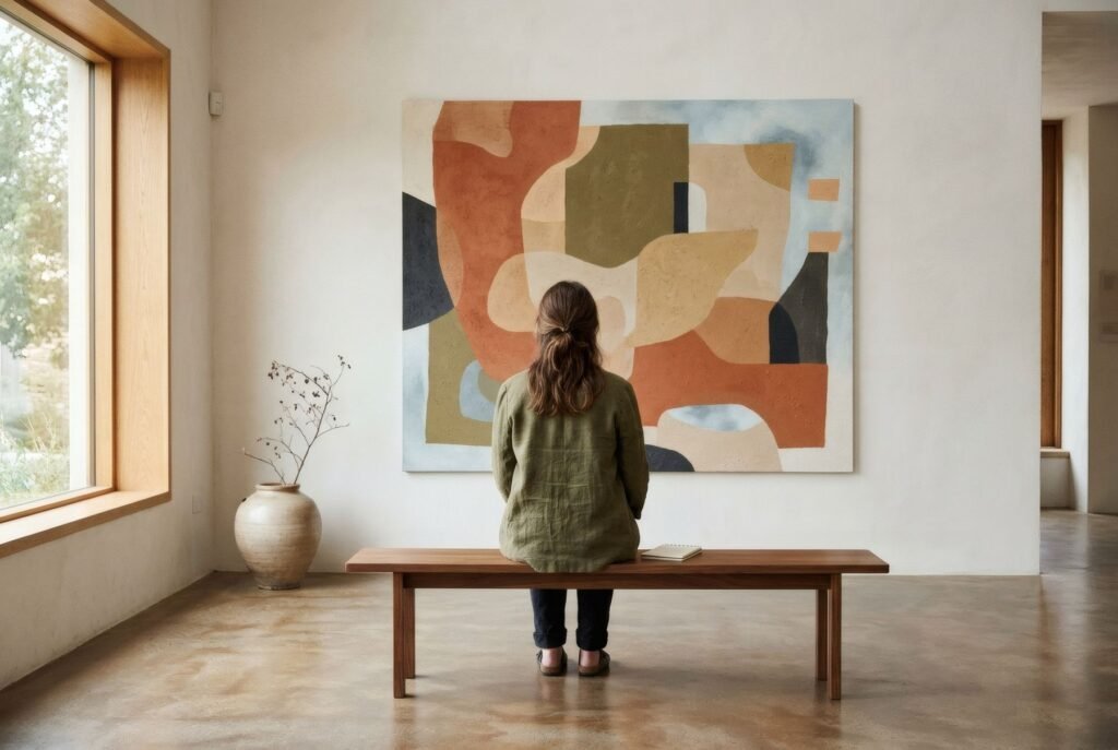 Visitante sentado en un banco de una sala de galería, de espaldas, ante una gran obra abstracta